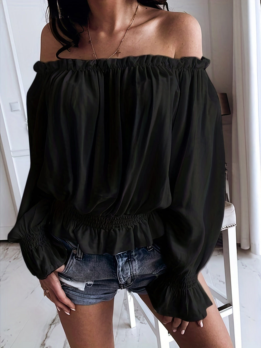 Off-Shoulder Top - Lange Mouwen & Rimpel Onderzijde Design