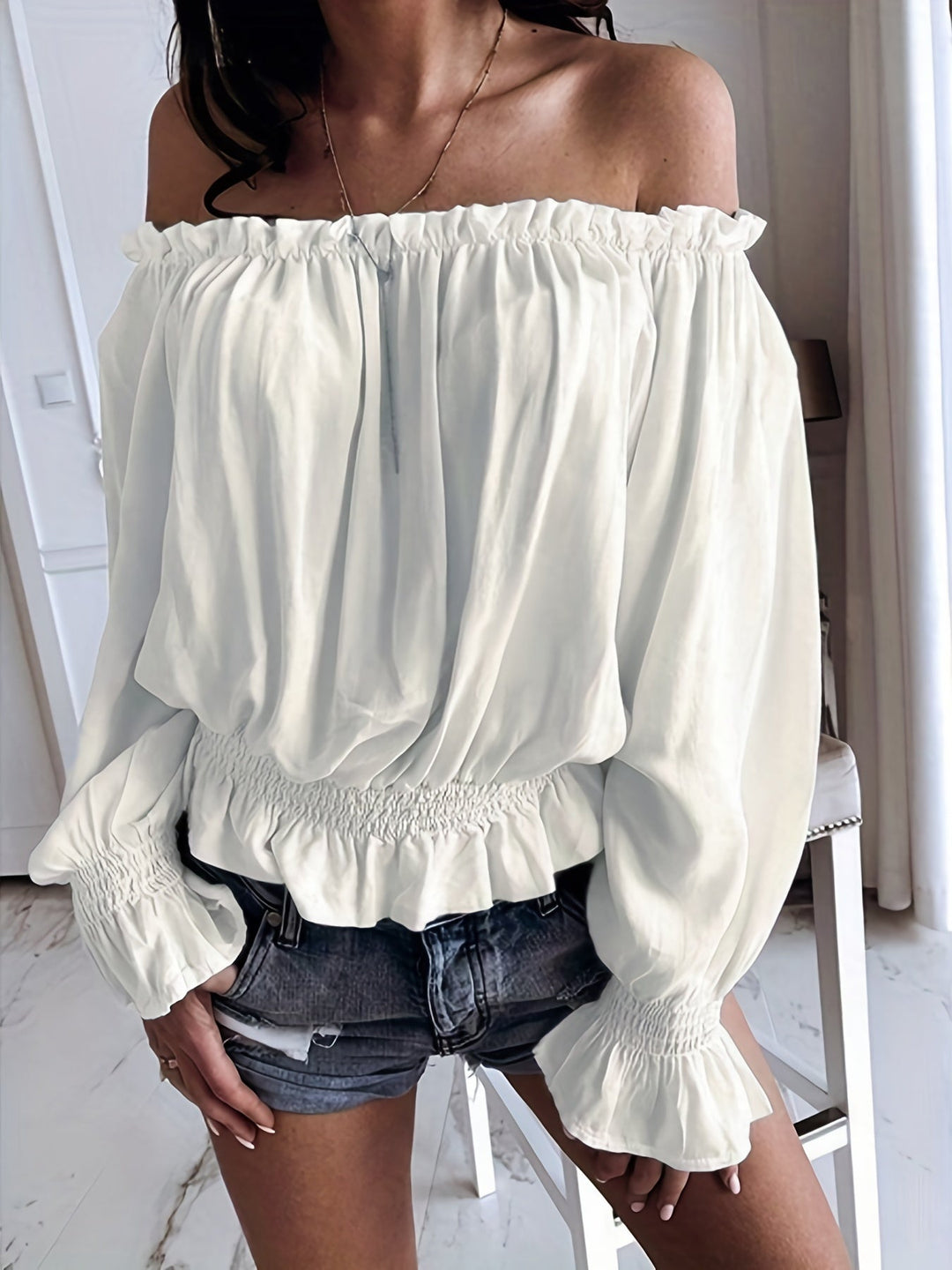 Off-Shoulder Top - Lange Mouwen & Rimpel Onderzijde Design