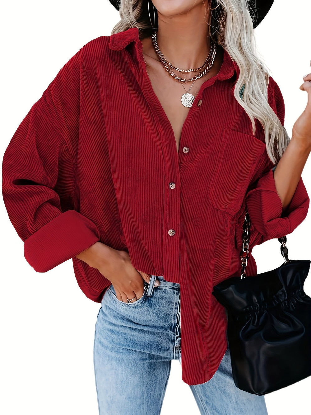 Oversized Corduroy Shirt - Lange Mouwen & Functionele Zakjes