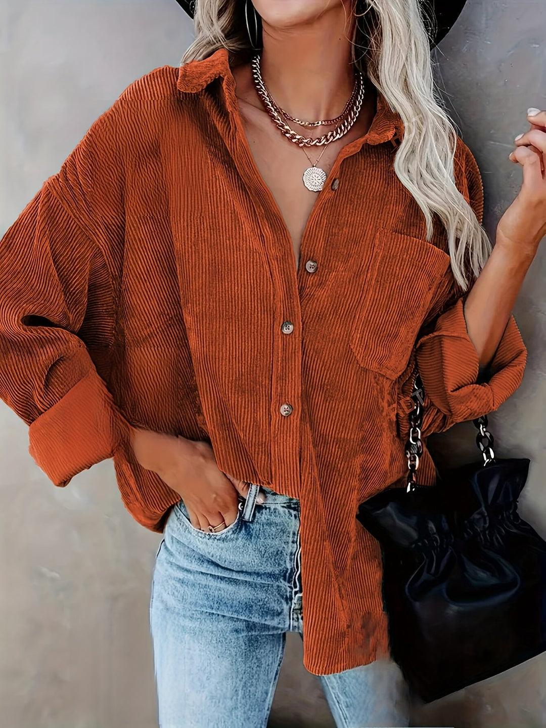 Oversized Corduroy Shirt - Lange Mouwen & Functionele Zakjes