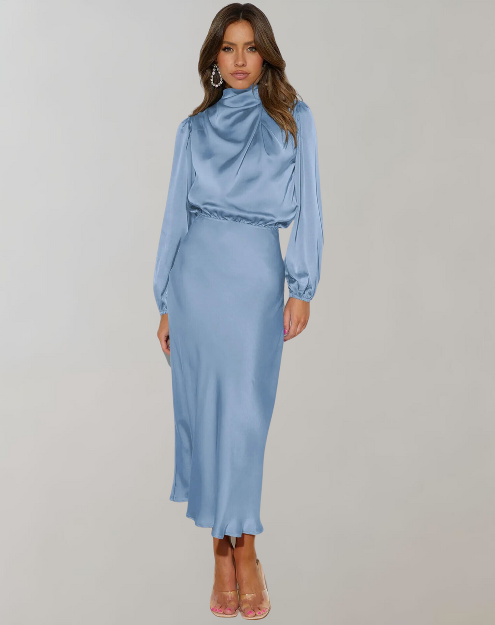 Polyestermix Midi Jurk – Hoge Hals En Vloeiende Val