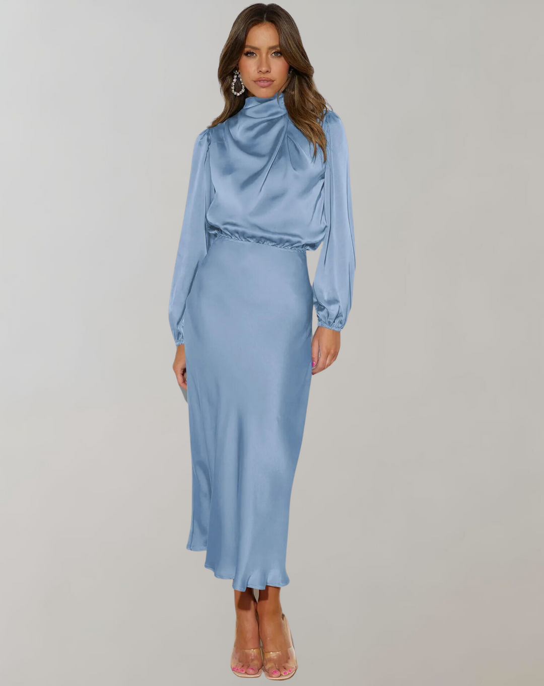 Polyestermix Midi Jurk – Hoge Hals En Vloeiende Val
