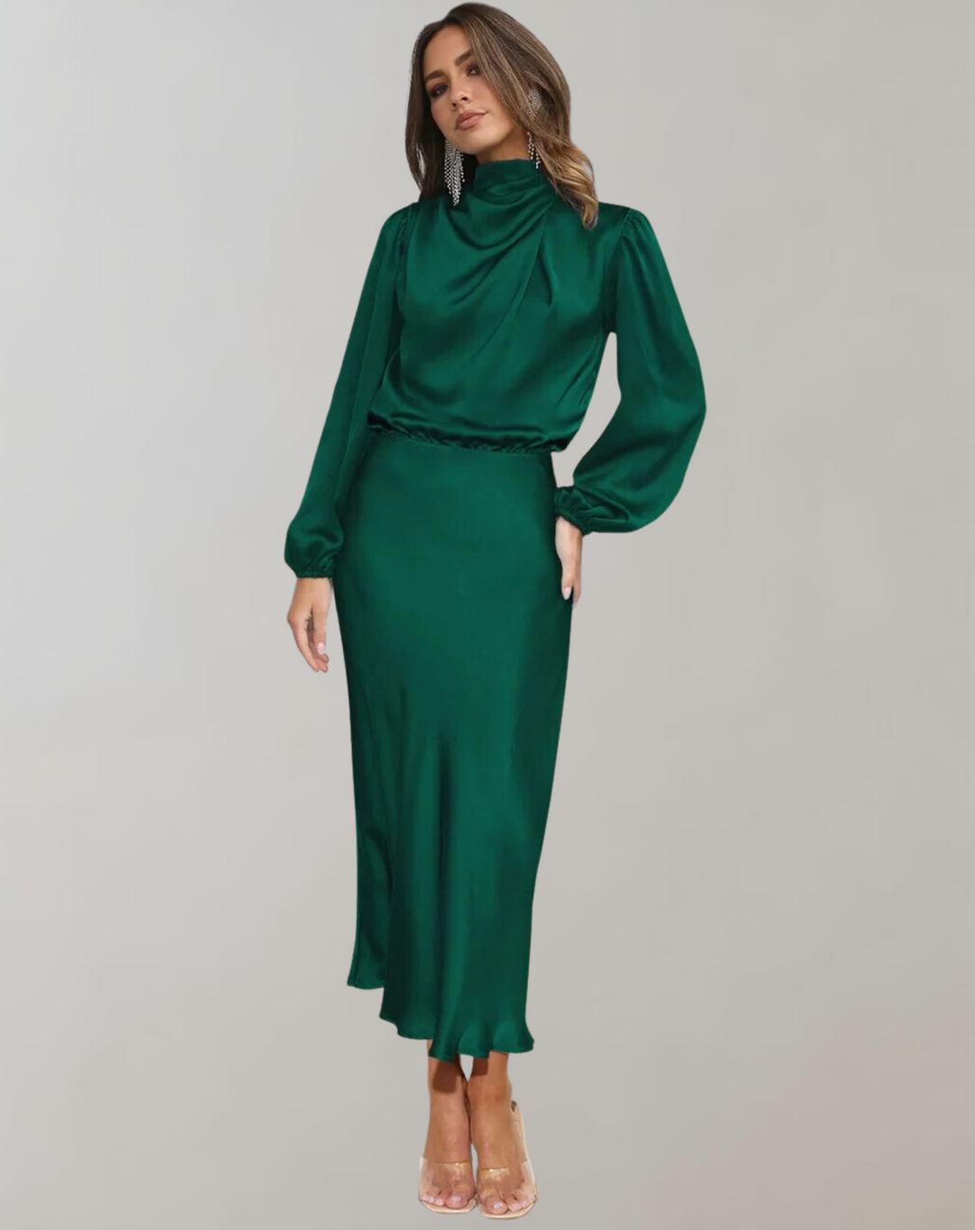 Polyestermix Midi Jurk – Hoge Hals En Vloeiende Val