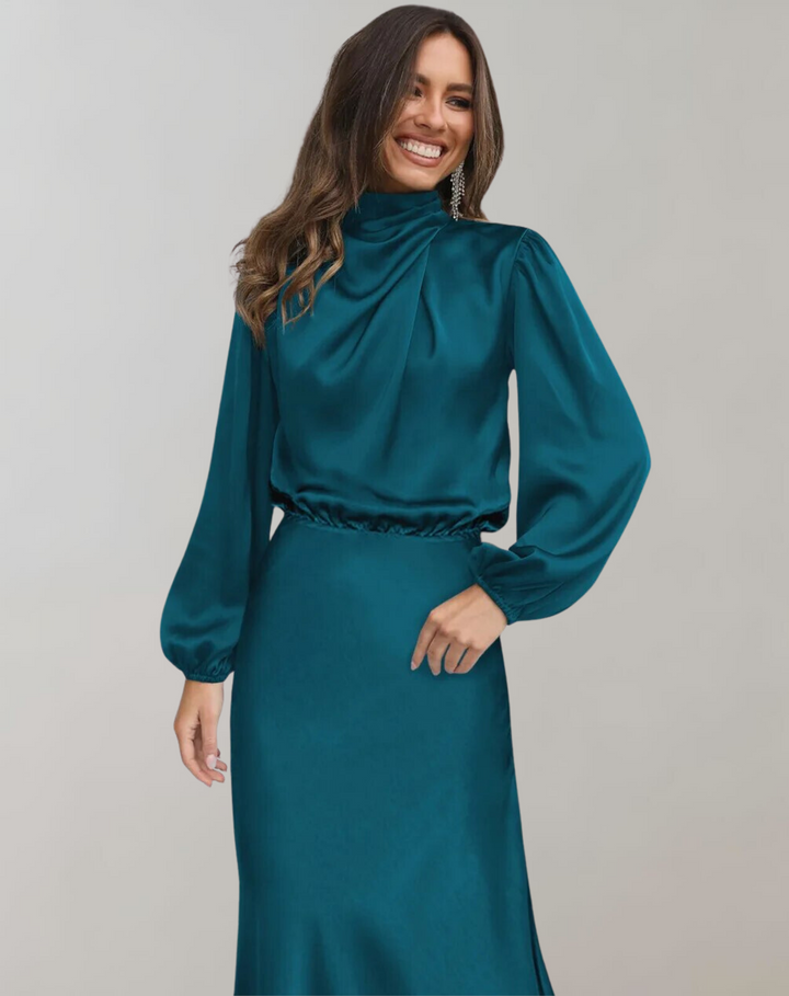 Polyestermix Midi Jurk – Hoge Hals En Vloeiende Val