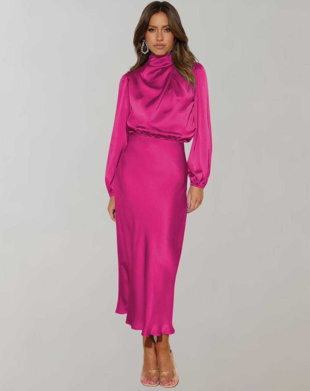 Polyestermix Midi Jurk – Hoge Hals En Vloeiende Val