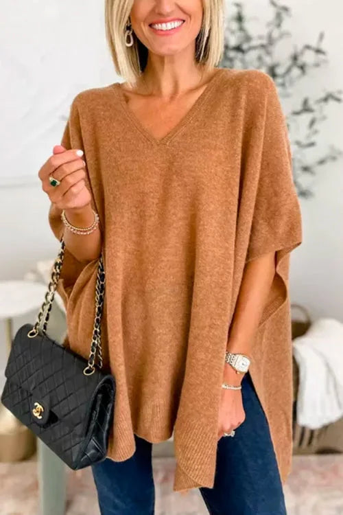 Ruby - Effen poncho-trui met V-hals, elegante losse pasvorm