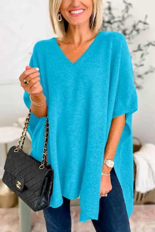 Ruby - Effen poncho-trui met V-hals, elegante losse pasvorm