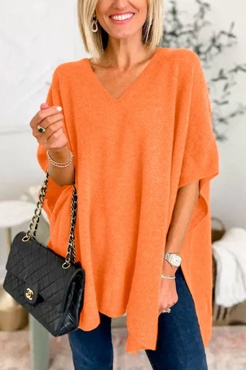 Ruby - Effen poncho-trui met V-hals, elegante losse pasvorm
