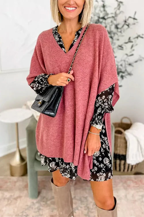 Ruby - Effen poncho-trui met V-hals, elegante losse pasvorm