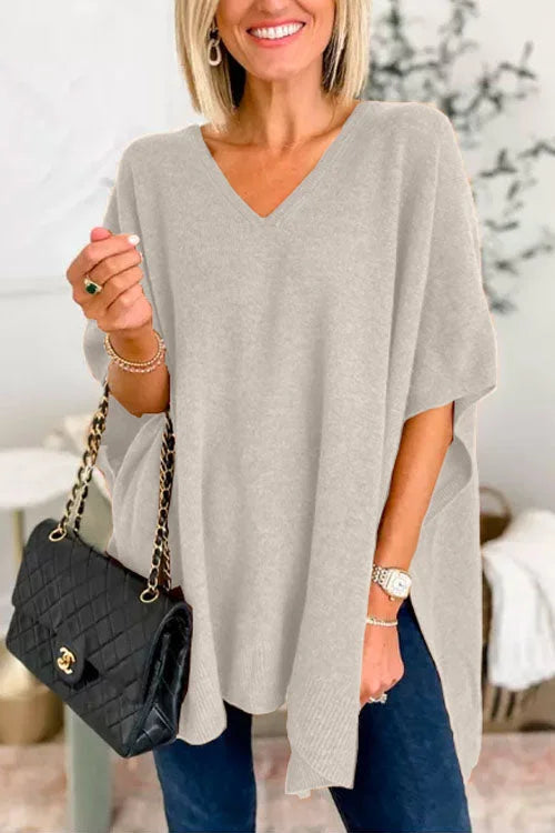 Ruby - Effen poncho-trui met V-hals, elegante losse pasvorm