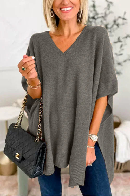 Ruby - Effen poncho-trui met V-hals, elegante losse pasvorm