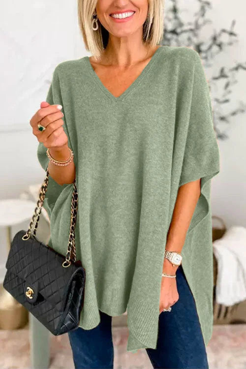 Ruby - Effen poncho-trui met V-hals, elegante losse pasvorm