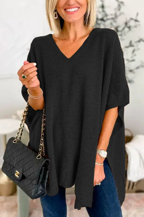 Ruby - Effen poncho-trui met V-hals, elegante losse pasvorm