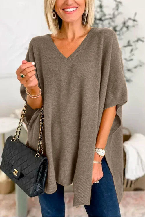 Ruby - Effen poncho-trui met V-hals, elegante losse pasvorm