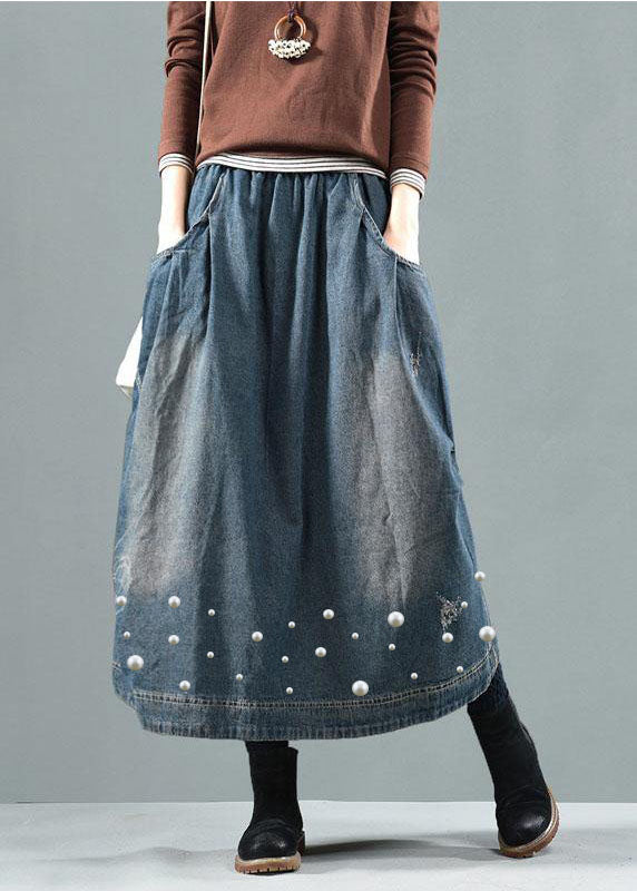 Ruffa - Blauwe patchwork rok met zakken in retro denim stijl