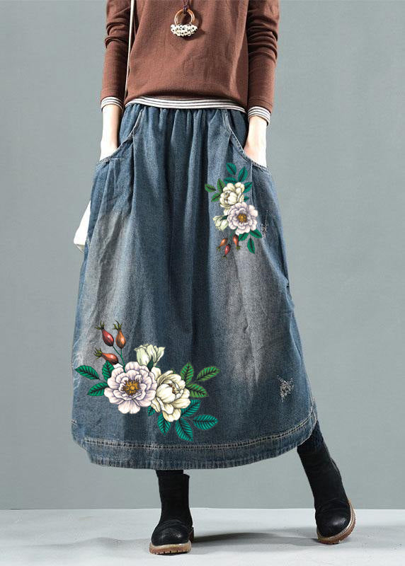 Ruffa - Blauwe patchwork rok met zakken in retro denim stijl