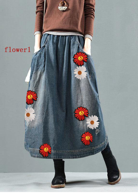 Ruffa - Blauwe patchwork rok met zakken in retro denim stijl