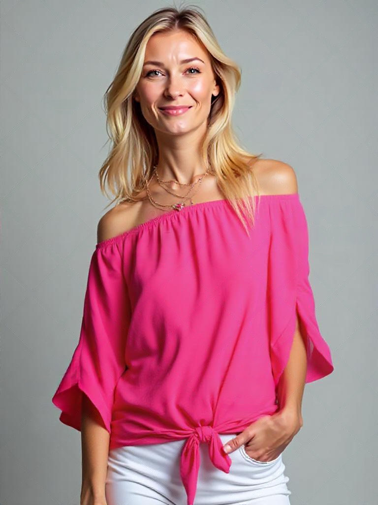 Ruffle Off-Shoulder Blouse - Knoop Hem & 3/4 Mouw Ontwerp