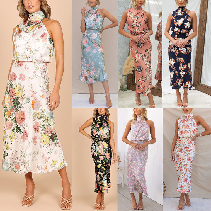 Satin Jurk – Haltervorm & Bloemenprint