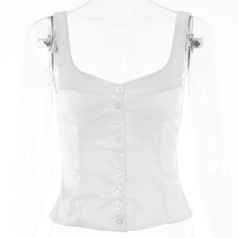 Satin Vest – Vierkante Hals & Knoopsluiting Achterkant