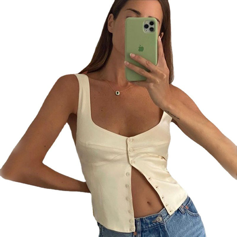 Satin Vest – Vierkante Hals & Knoopsluiting Achterkant