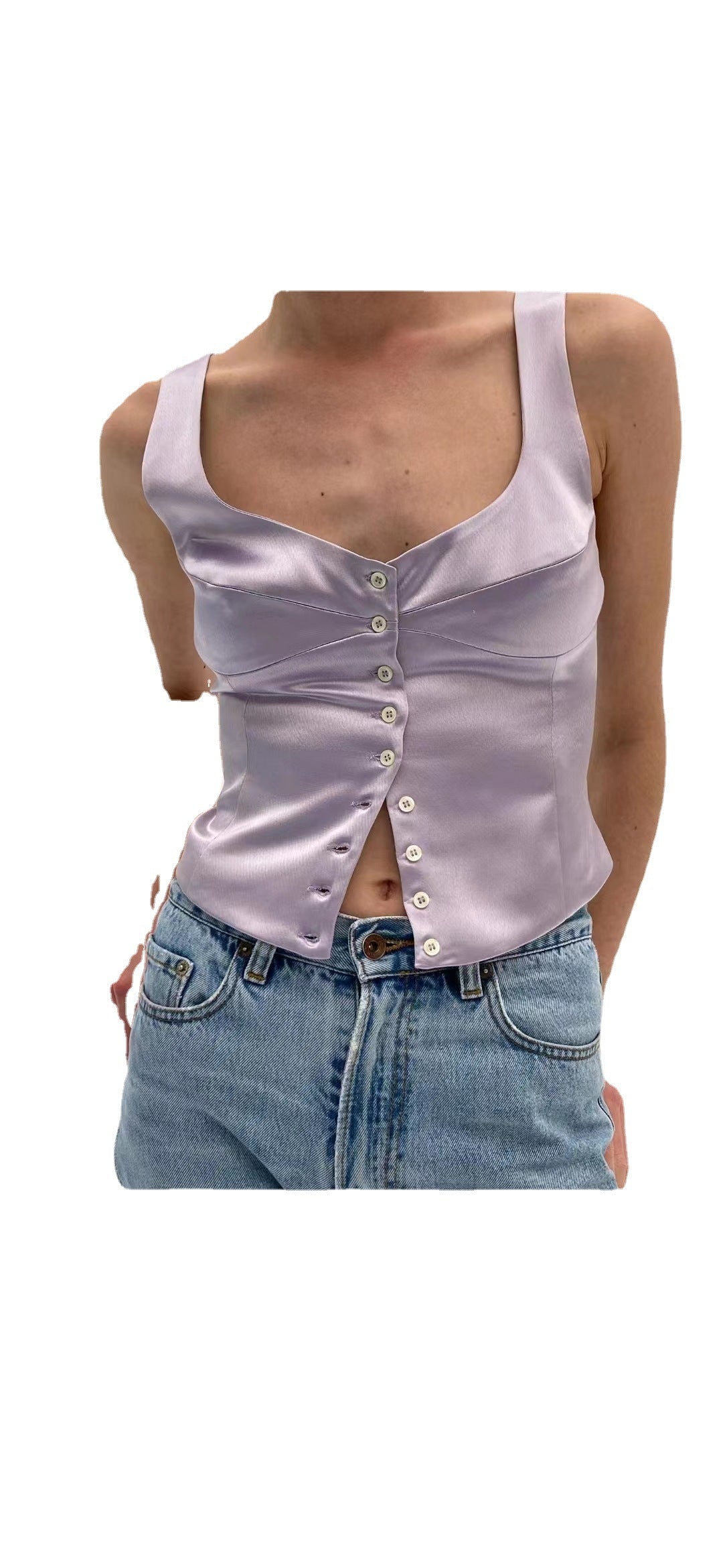 Satin Vest – Vierkante Hals & Knoopsluiting Achterkant