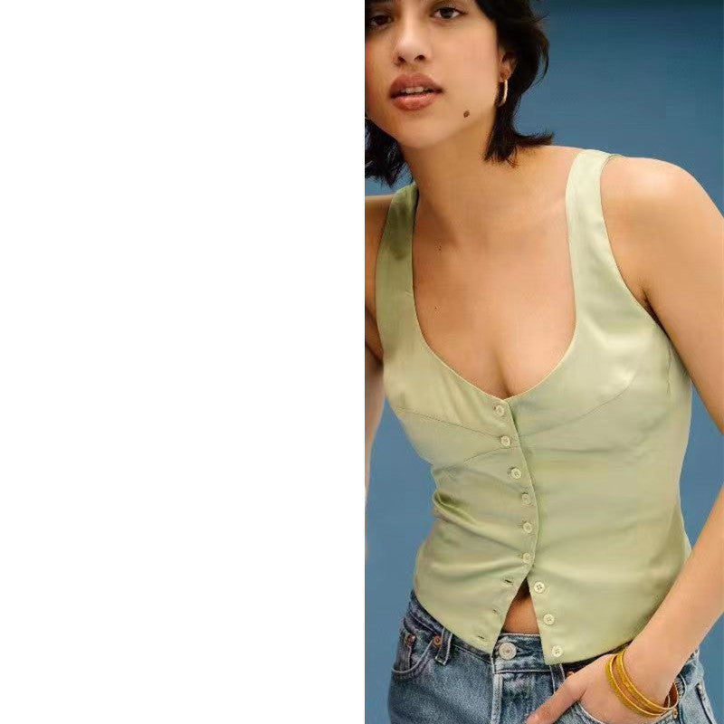 Satin Vest – Vierkante Hals & Knoopsluiting Achterkant