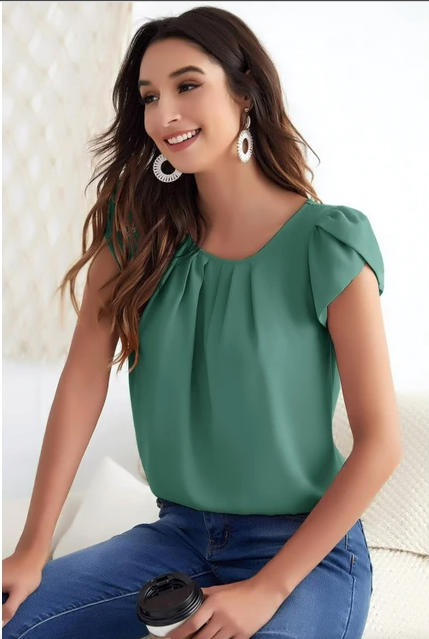 Mesh Blouse - Korte Mouwen & Gerimpeld Detail