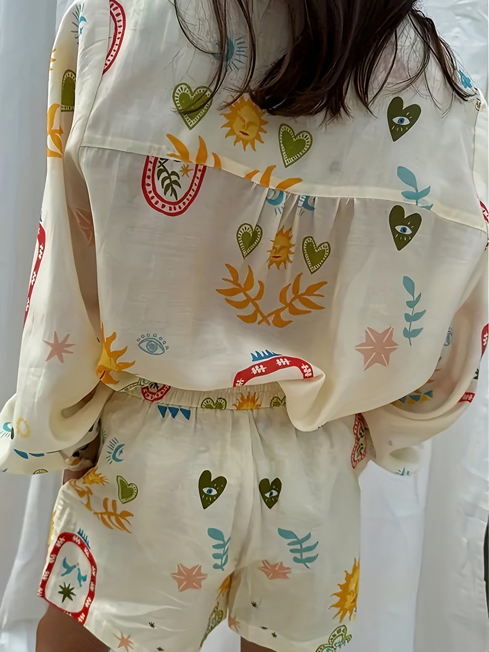 Shirt en Shorts Set – Gedrukte Lange Mouwen & Elastische Taille