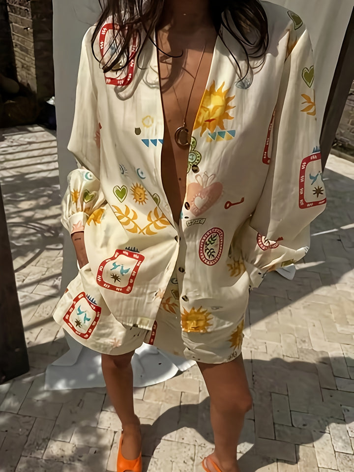 Shirt en Shorts Set – Gedrukte Lange Mouwen & Elastische Taille