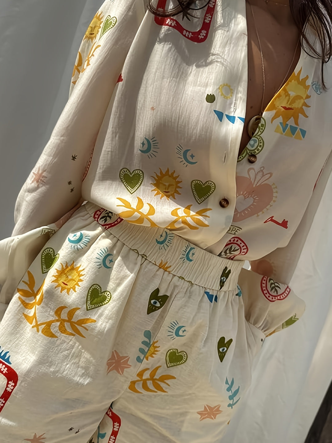 Shirt en Shorts Set – Gedrukte Lange Mouwen & Elastische Taille