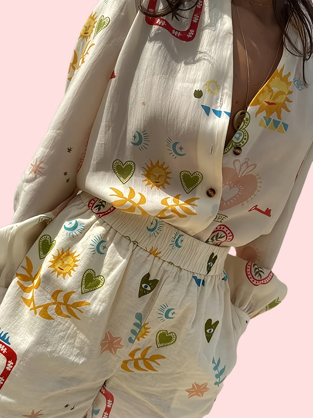 Shirt en Shorts Set – Gedrukte Lange Mouwen & Elastische Taille
