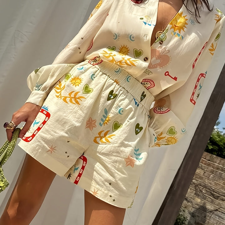 Shirt en Shorts Set – Gedrukte Lange Mouwen & Elastische Taille