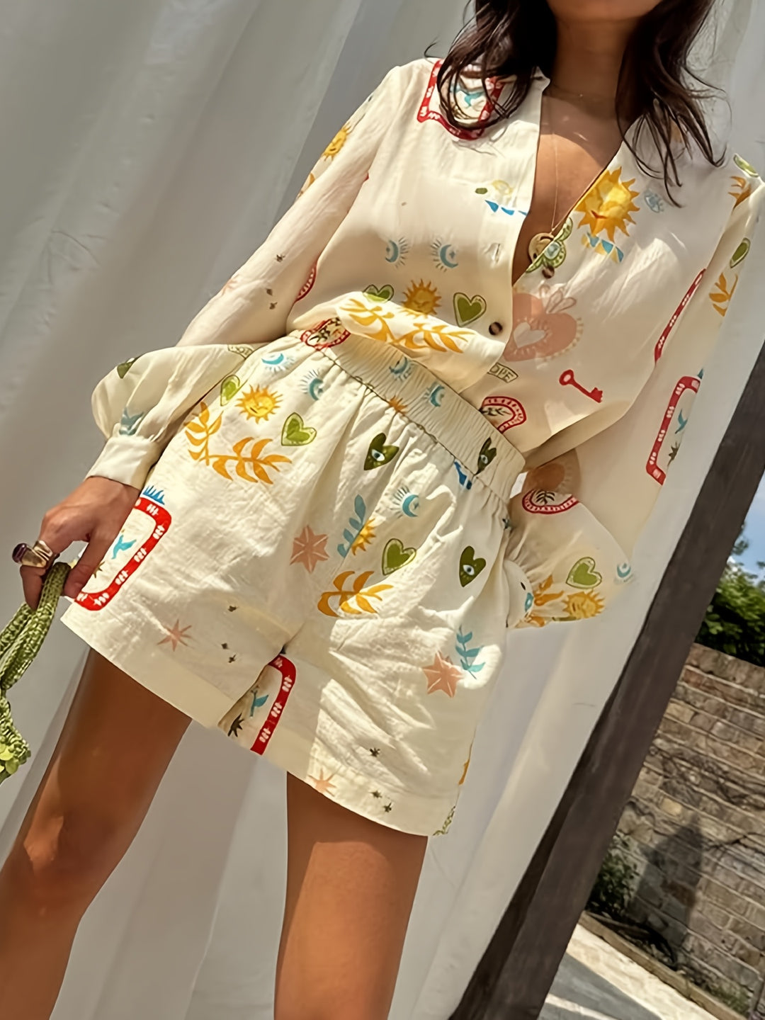 Shirt en Shorts Set – Gedrukte Lange Mouwen & Elastische Taille