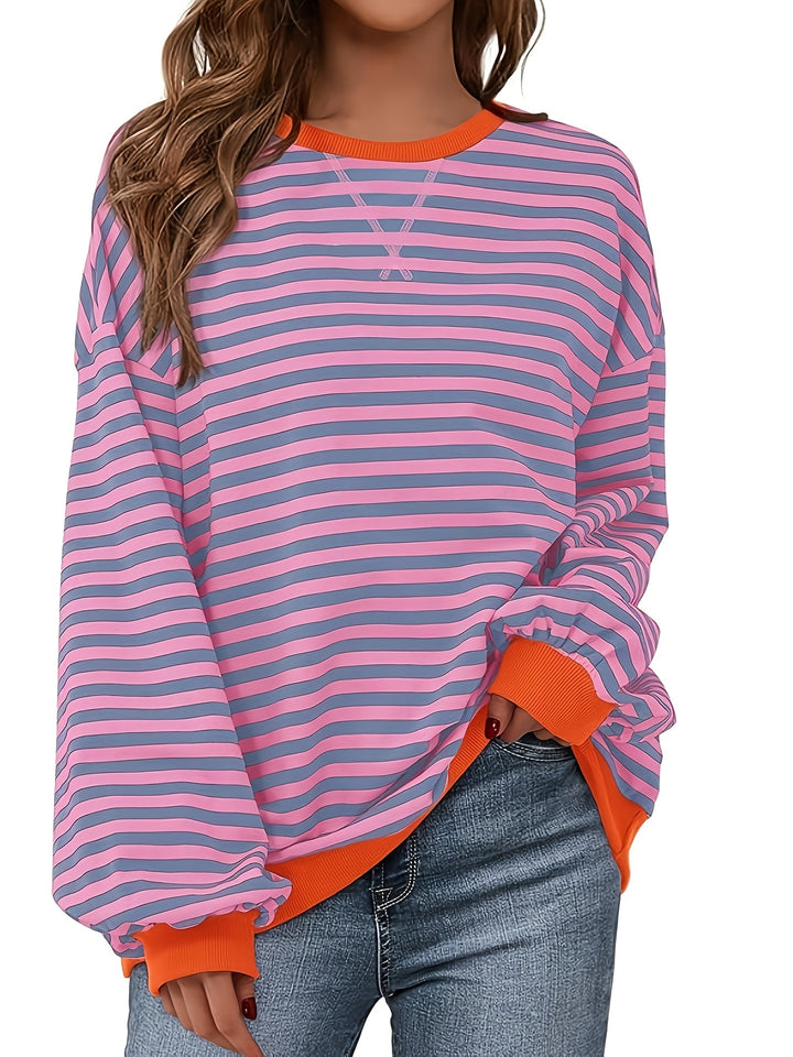 Sweatshirt met ronde hals - Color Block Gestreept Ontwerp & Relaxte Pasvorm
