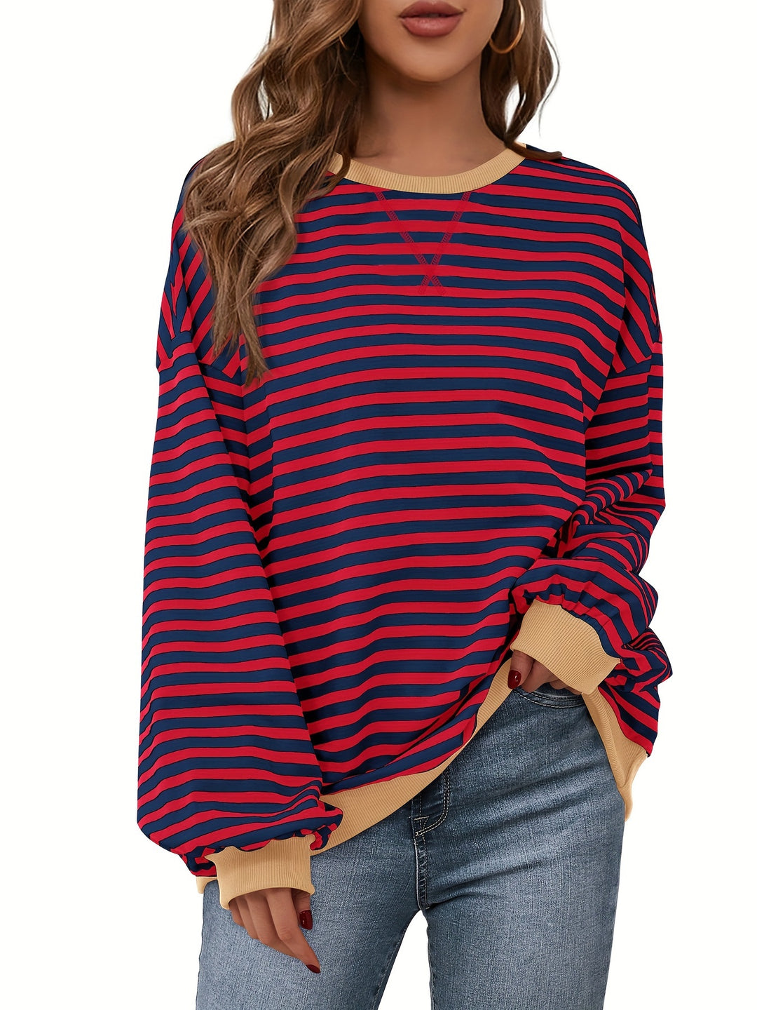 Sweatshirt met ronde hals - Color Block Gestreept Ontwerp & Relaxte Pasvorm