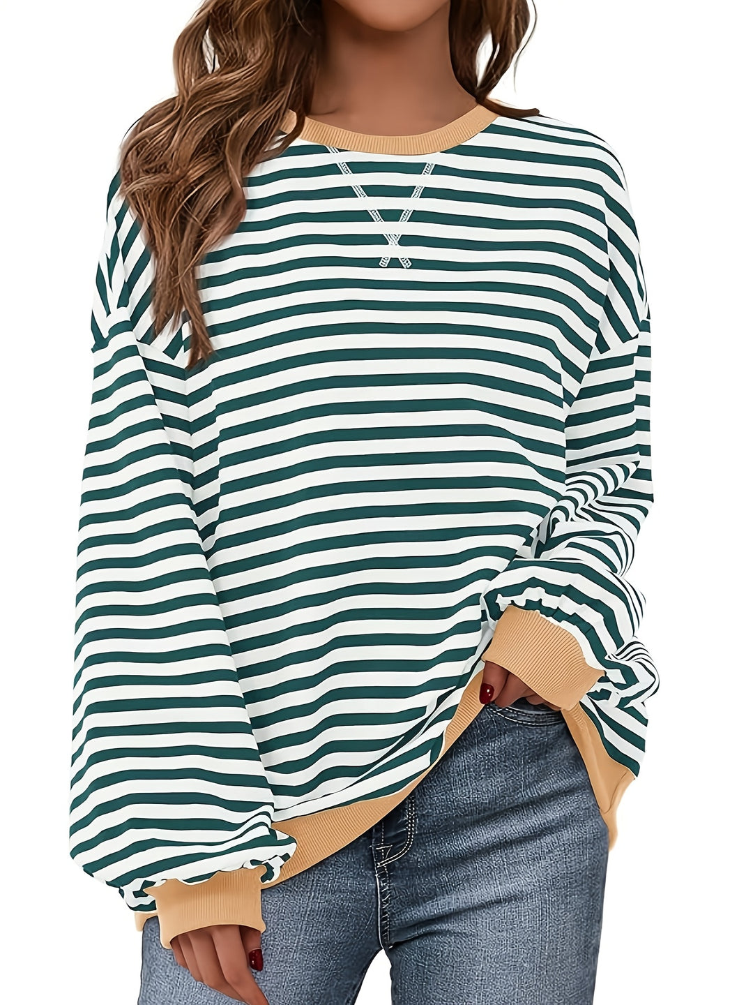Sweatshirt met ronde hals - Color Block Gestreept Ontwerp & Relaxte Pasvorm