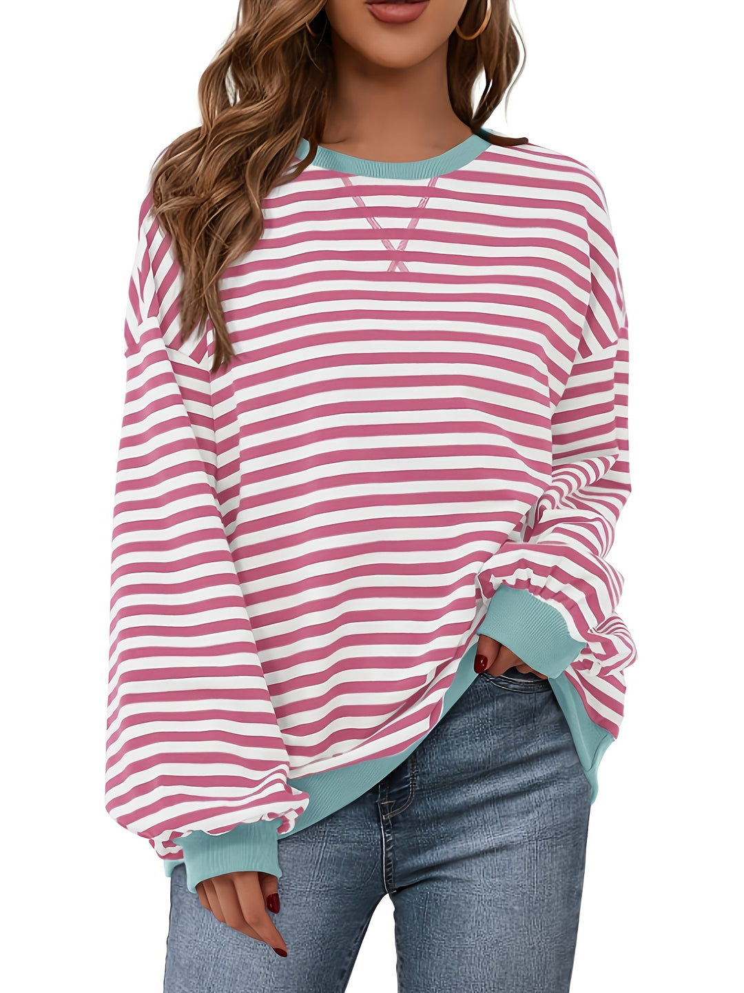 Sweatshirt met ronde hals - Color Block Gestreept Ontwerp & Relaxte Pasvorm