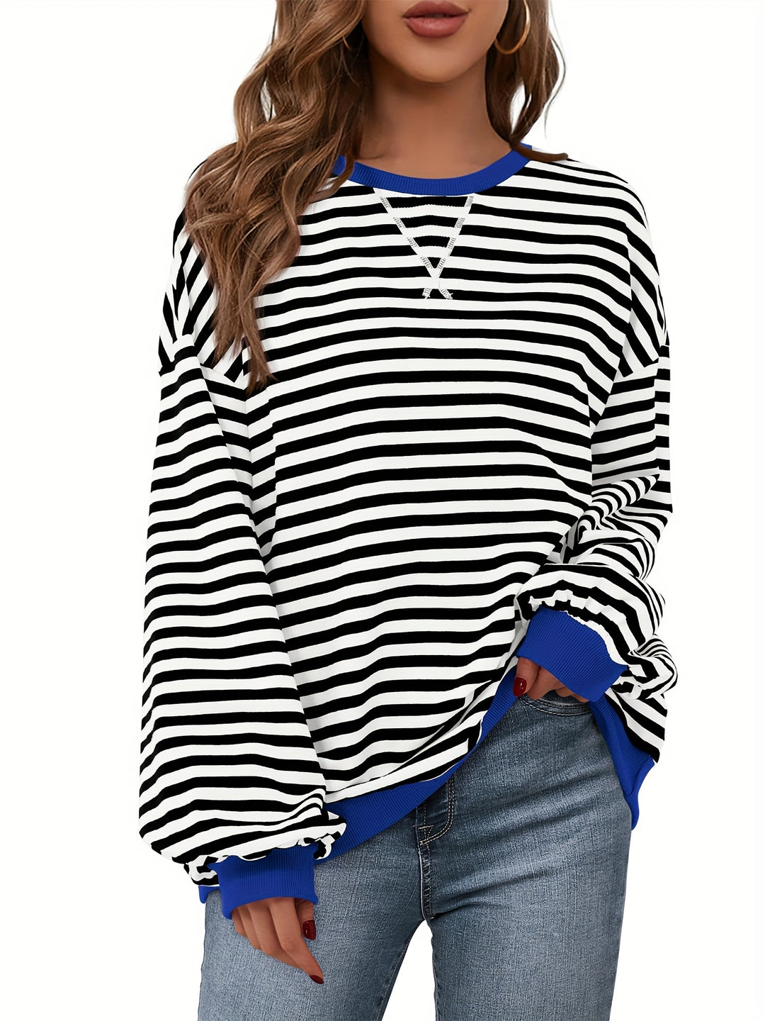 Sweatshirt met ronde hals - Color Block Gestreept Ontwerp & Relaxte Pasvorm