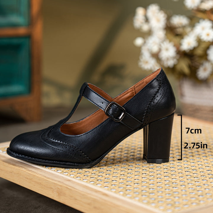 T-Bar Pumps - Effen Kleur & Ronde Teen met Blokhak