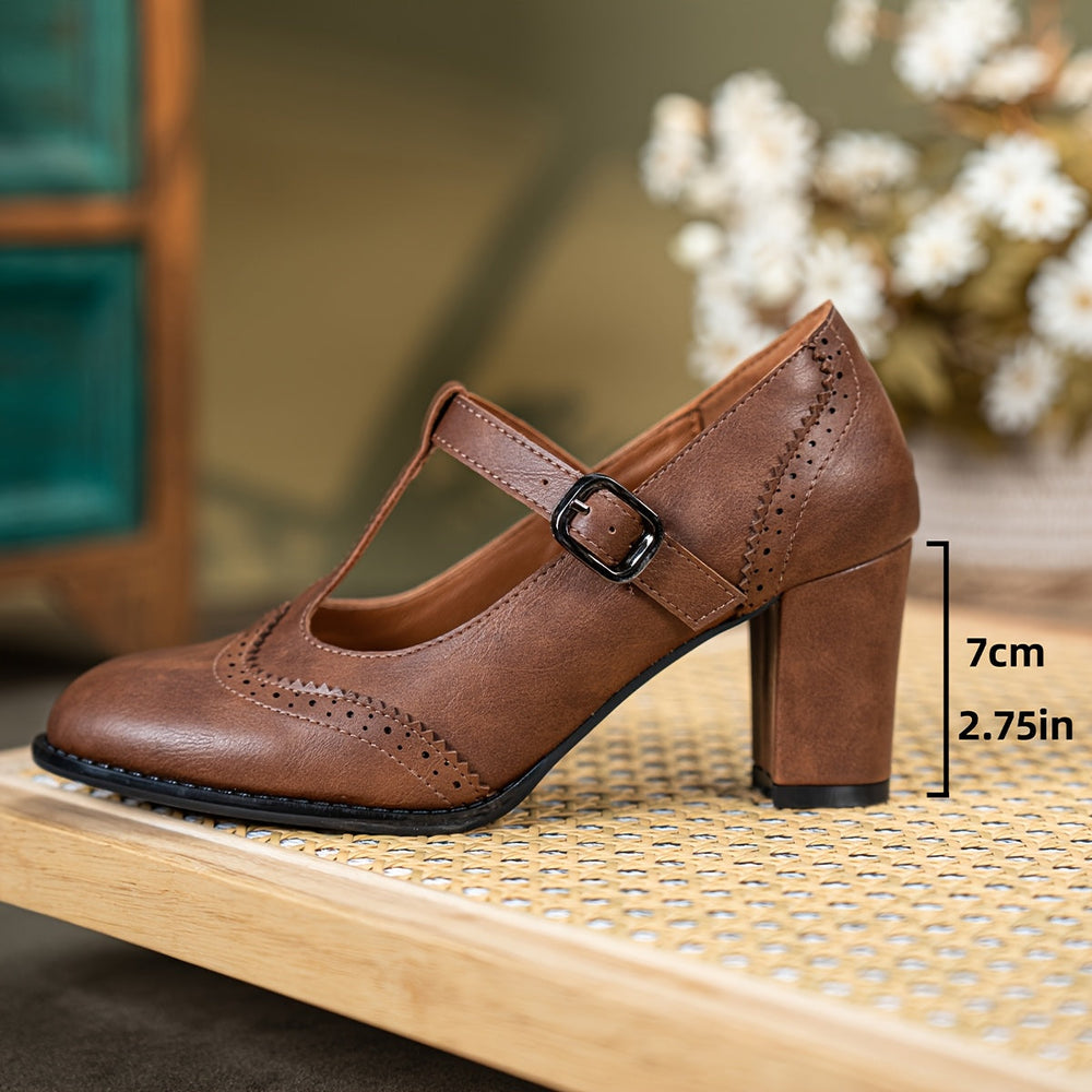 T-Bar Pumps - Effen Kleur & Ronde Teen met Blokhak
