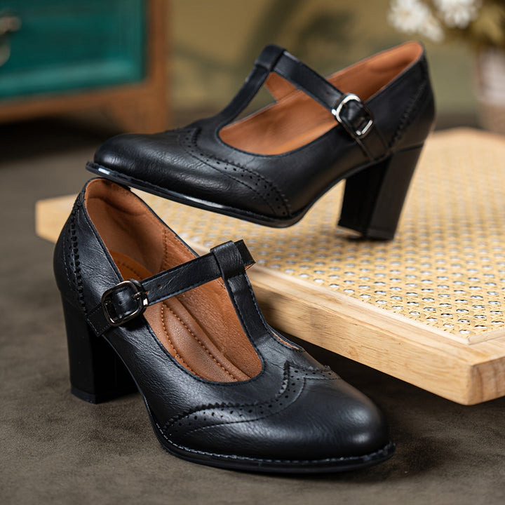 T-Bar Pumps - Effen Kleur & Ronde Teen met Blokhak