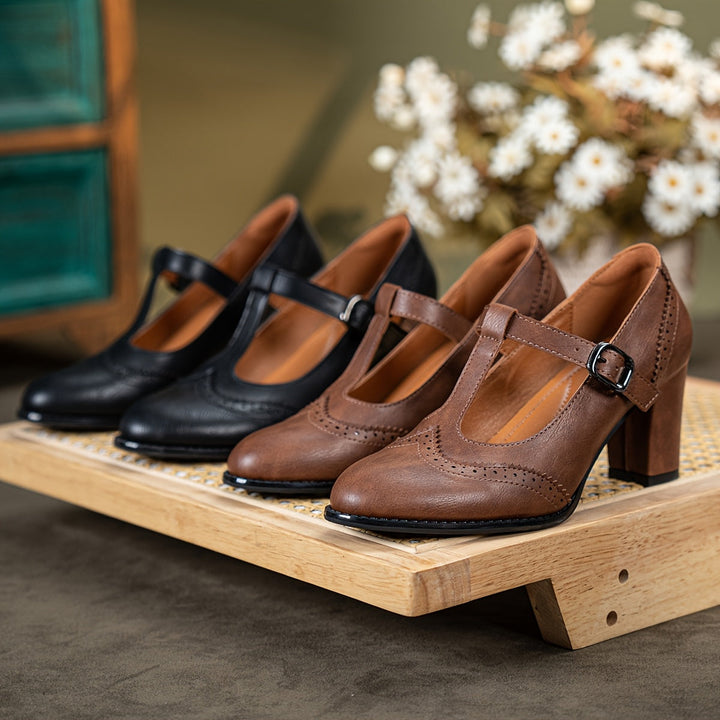 T-Bar Pumps - Effen Kleur & Ronde Teen met Blokhak