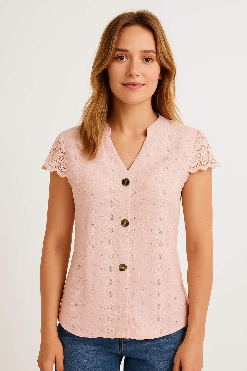 T-shirt – Knoopsluiting & V-hals met Kantdetails