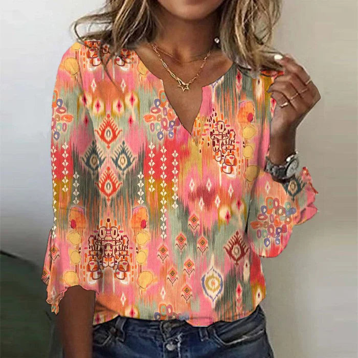 T-shirt – V-Hals & Ademend Materiaal met Bloemenprint