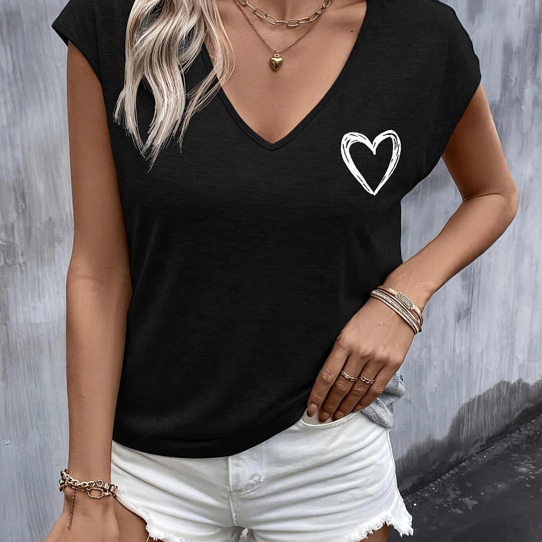 T-shirt met Hartprint – V-hals & Korte Mouwen voor Gemak