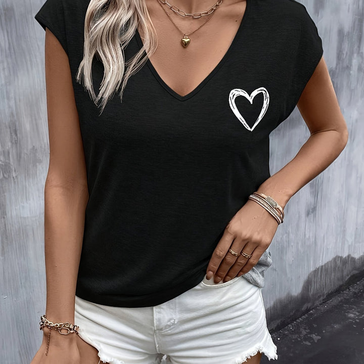 T-shirt met Hartprint – V-hals & Korte Mouwen voor Gemak