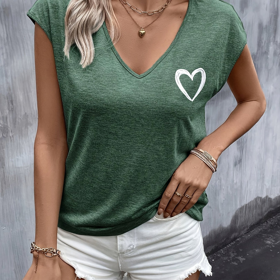 T-shirt met Hartprint – V-hals & Korte Mouwen voor Gemak
