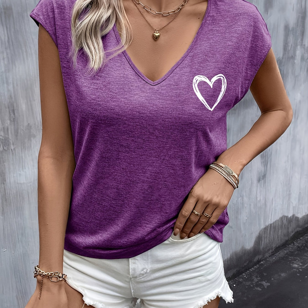 T-shirt met Hartprint – V-hals & Korte Mouwen voor Gemak