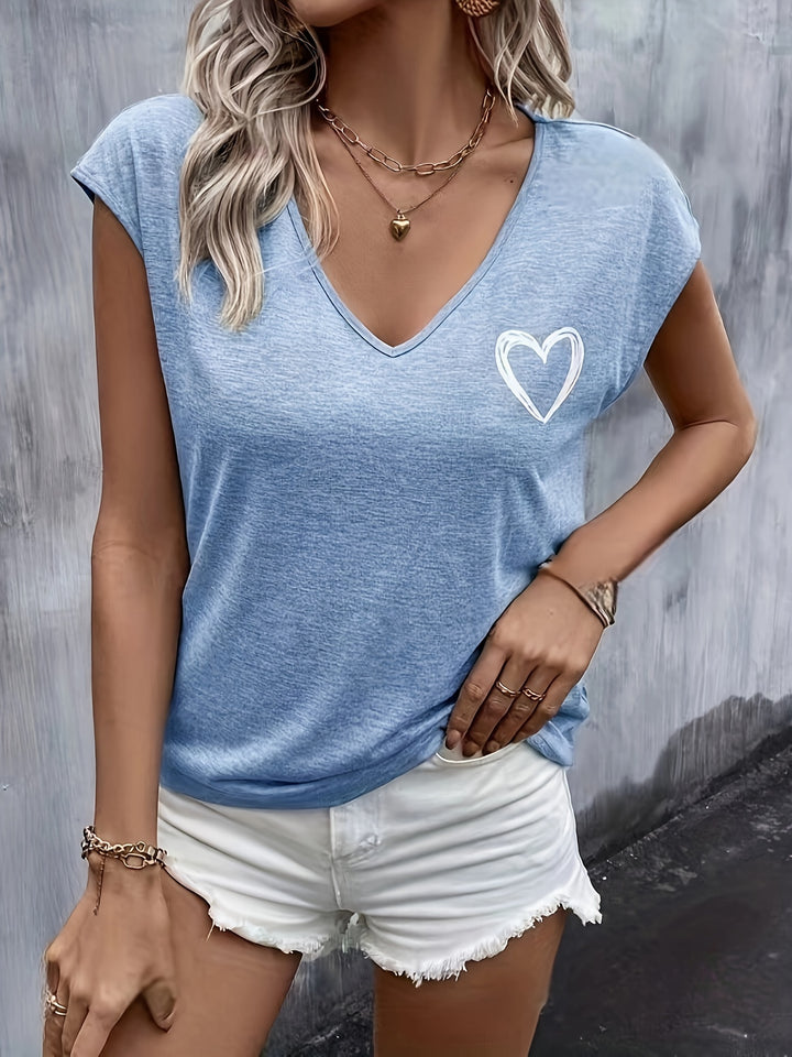 T-shirt met Hartprint – V-hals & Korte Mouwen voor Gemak